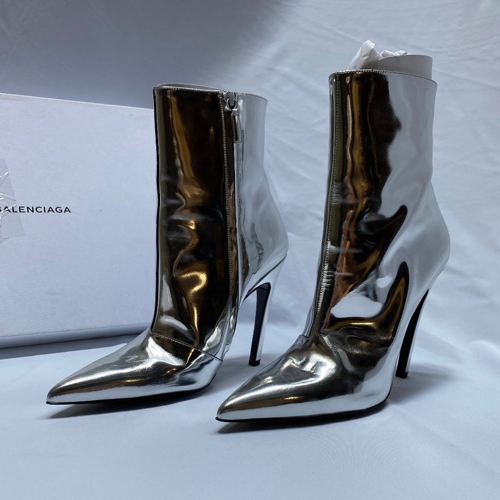 Balenciaga Silver Mirrored Leather Ankle Boots